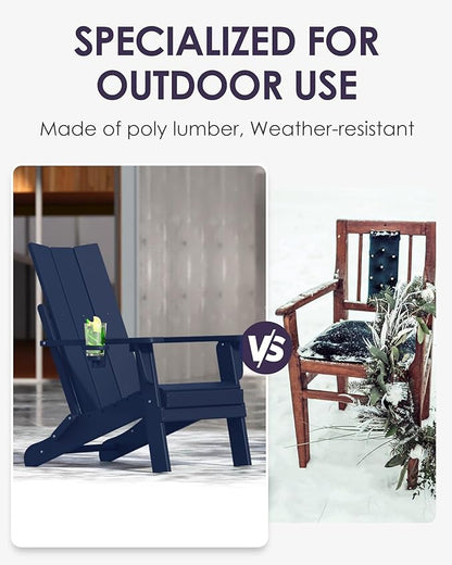 Folding Adirondack Chairs Set of 4, All-Weather Resistant HDPE Patio Firepit Chairs, Sturdy Outside Chairs with Cup Holder, Pre-Installed Lawn Chairs Load Capacity 385lb, Navy Blue