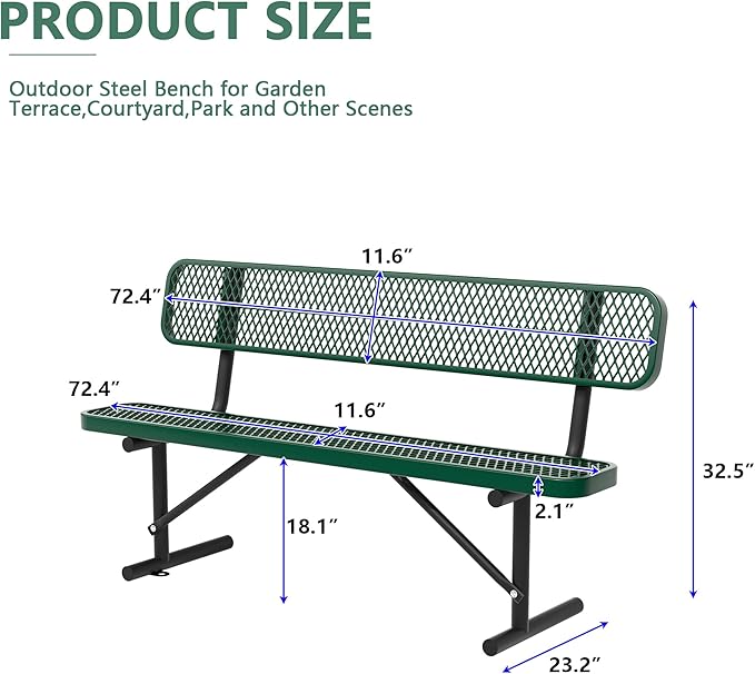 72" Metal Park Benches for Outside - Green Outdoor Benches Heavy Duty Garden Weatherproof Bench with Backrest, Buddy Bench for Schools,Commercial Benches for Shopping Mall, Store, Yard, Patio