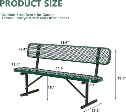 72" Metal Park Benches for Outside - Green Outdoor Benches Heavy Duty Garden Weatherproof Bench with Backrest, Buddy Bench for Schools,Commercial Benches for Shopping Mall, Store, Yard, Patio