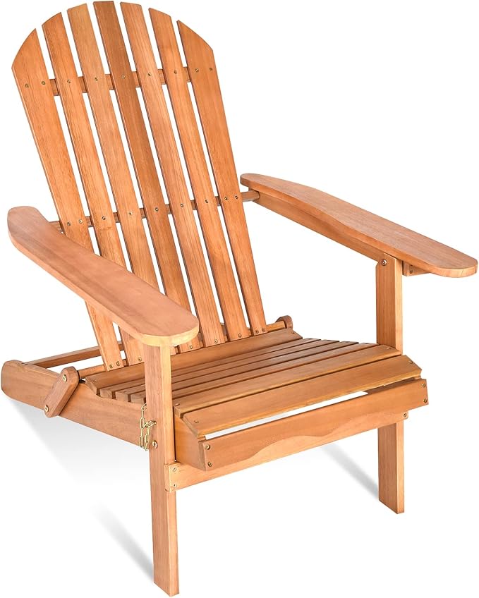 Tangkula Folding Adirondack Chair, Weather Resistant Outdoor Chair, Eucalyptus Wood Adirondack Lounger Chair for Patio Porch Deck Poolside and Backyard (1) Natural