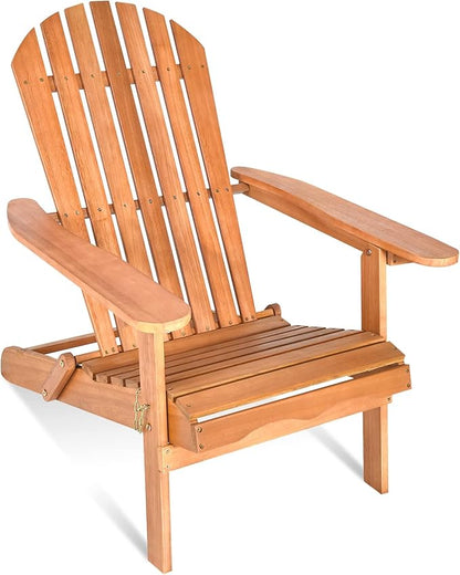 Tangkula Folding Adirondack Chair, Weather Resistant Outdoor Chair, Eucalyptus Wood Adirondack Lounger Chair for Patio Porch Deck Poolside and Backyard (1) Natural