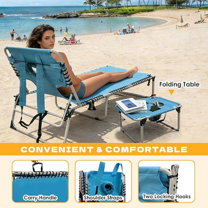 Backpack Sun Tanning Chair with Face Hole & Beach Table, 5-Position Adjustable Folding Lounge Chair Outdoor for Lawn Patio Garden