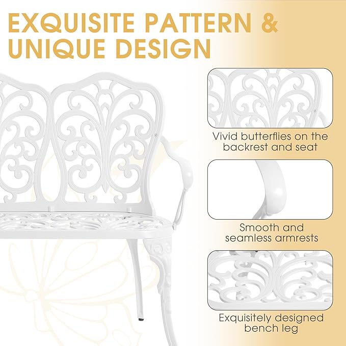 Outdoor Bench, Cast Aluminum Double Seating with Backrest and Armrests, Mental Outdoor Furniture for Patio, Porch, Garden, Park, White Butterfly