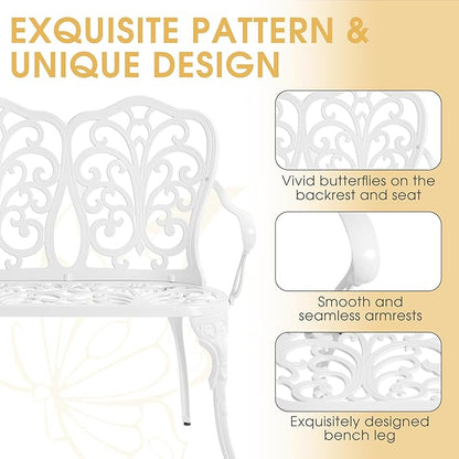 Outdoor Bench, Cast Aluminum Double Seating with Backrest and Armrests, Mental Outdoor Furniture for Patio, Porch, Garden, Park, White Butterfly