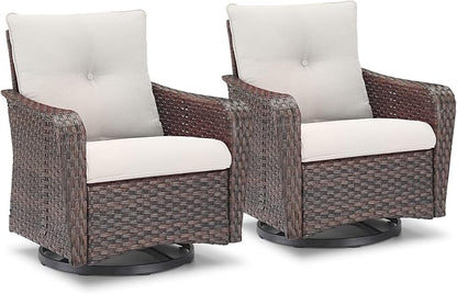 Rilyson Outdoor Patio Swivel Rocker Chairs - 2 PC Wicker Rattan Patio Rocker Glider Chair Set with High Back,Comfy Cushions and Deep Seating for Porch Deck Backyard Garden(Brown/Beige)
