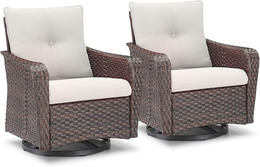 Rilyson Outdoor Patio Swivel Rocker Chairs - 2 PC Wicker Rattan Patio Rocker Glider Chair Set with High Back,Comfy Cushions and Deep Seating for Porch Deck Backyard Garden(Brown/Beige)