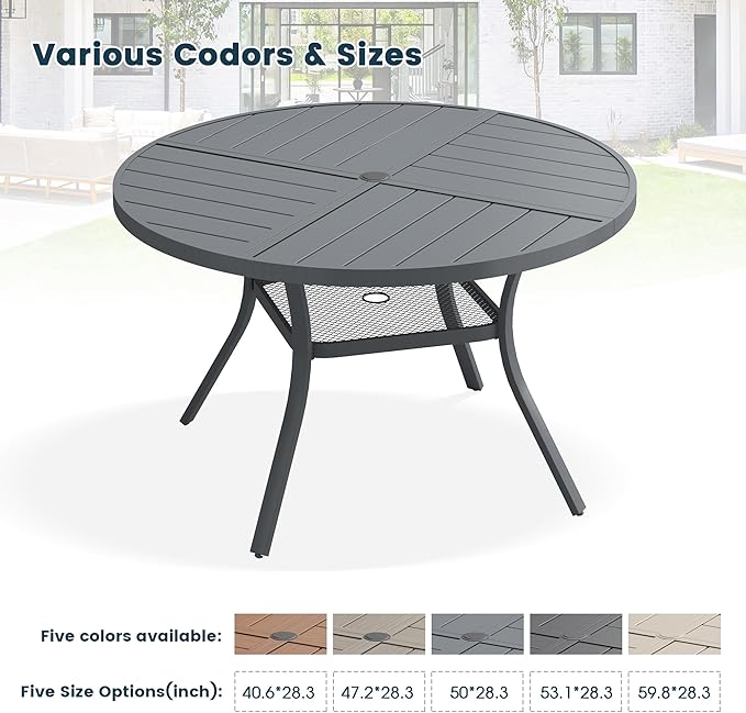 Patio Dining Table for 4, Round Metal Outdoor Table with Storage Shelf, 1.57" Umbrella Hole, 41" Outdoor Quartered Tabletop Dining Table for Backyard, Porch, Lawn, Dark Grey