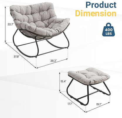 Wisteria Lane Patio Rocking Chair with Ottoman, Outdoor Indoor Rocking Egg Chair with Cushions, Metal Lounge Chair Oversized Papasan Chair, Outdoor Wicker Reading Chair for Porch Garden, Light Grey
