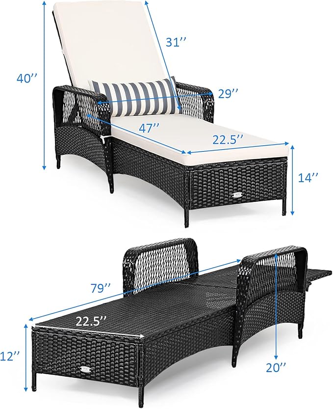 COSTWAY PE Rattan Chaise Lounge Chair Armrest Recliner Adjustable Pillow Black - Photo 3