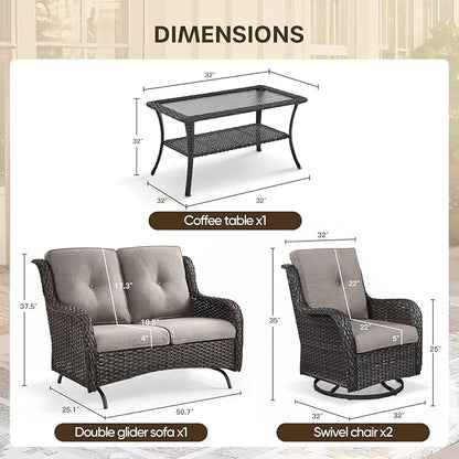 Patio Loveseat Glider Set, Resin Wicker Loveseat Glider with 4 Swivel Patio Chiars Coffee Table, 6 Piece Patio Conversation Set PE Rattan Loveseat Set, Brown Wicker|Grey Cushions