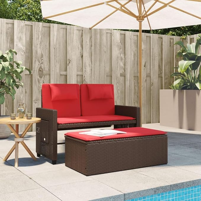 Reclining Patio Bench with Cushions Brown Poly Rattan Porch Bench Outdoor Bench Garden Bench Deck Bench for patios - Photo 3