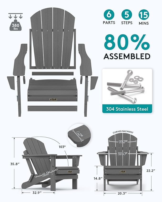 SERWALL Adirondack Chair Set of 8 for Patio Garden Outdoors Fire Pit- (Folding Gray) - Photo 2