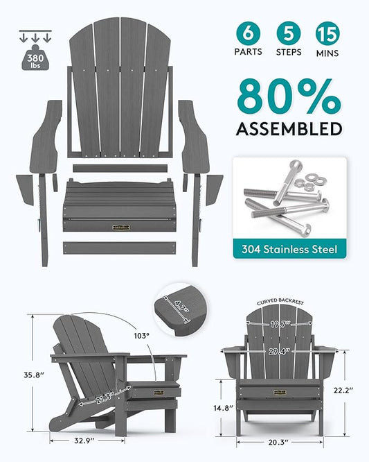 SERWALL Adirondack Chair Set of 8 for Patio Garden Outdoors Fire Pit- (Folding Gray)