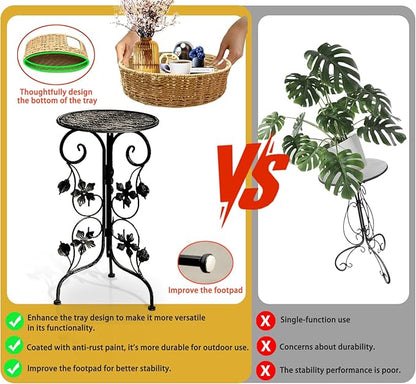 Outdoor Metal Patio Folding Side Table with Removable Wicker Tray, Boho Woven Rattan Plant Stand, Small Round Coffee end Table (Seagrass, Black)