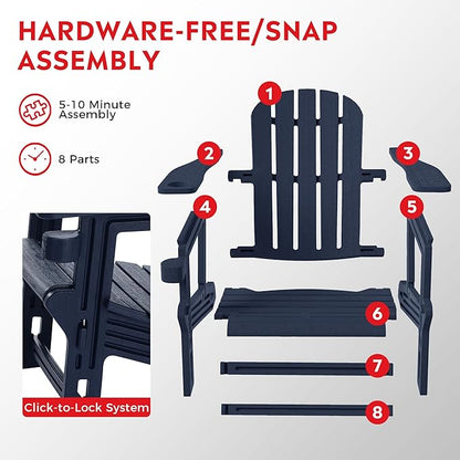 Costaelm Tool-Free Assembly Outdoor Patio HDPE Plastic Adirondack Chair with Cup Holder, Navy Blue