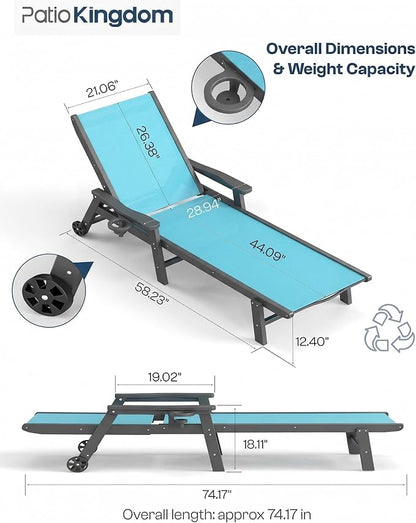 Patio Chaise Lounge Chair with Wheels & Cup Holder, HDPE Textilene Outdoor Lounge Chair 5 Positions Adjustable for Poolside Deck Patio Backyard (2, Grey Frame, Lake Blue Textilene)