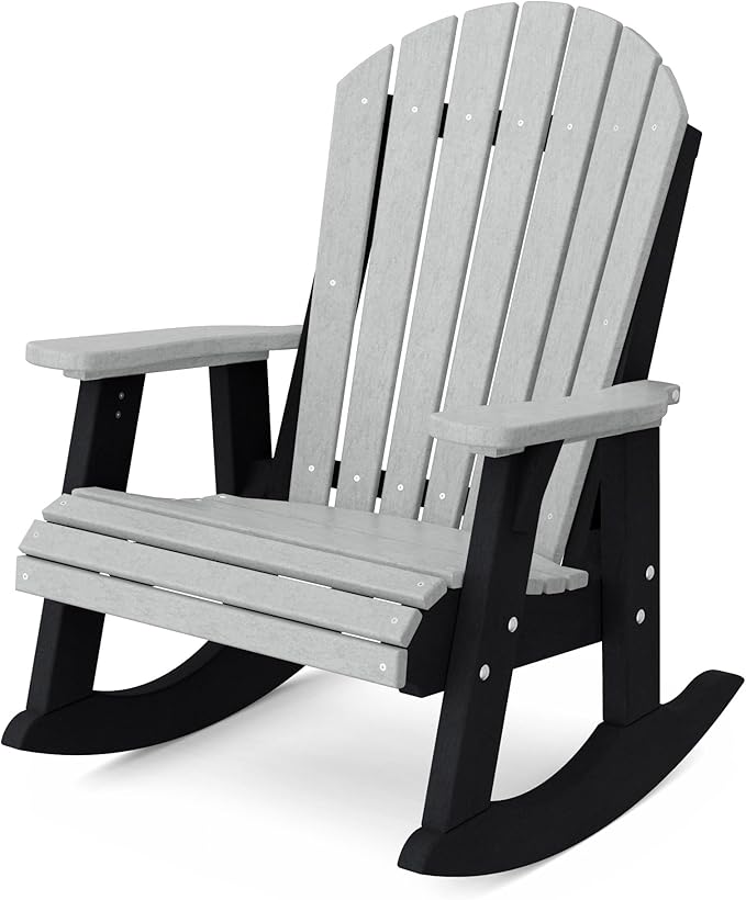 Wildridge Heritage Adirondack Rocking Chair, Light Gray and Black - Outdoor Weather Resistant HDPE Rocking Chair for Patio, Deck, Fire Pit