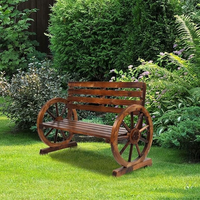 Wooden Wagon Wheel Loveseat Bench - Outdoor Patio Furniture for 2 Persons - Natural Wood Finish