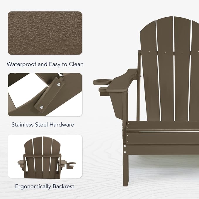 Oversized Adirondack Chair with Footrest, Folding Outdoor Chair with Ottoman and Cup Holder, Weather Resistant Fire Pit Chairs for Outside, Patio, Lawn, Garden, Backyard Deck, Porch, Pool
