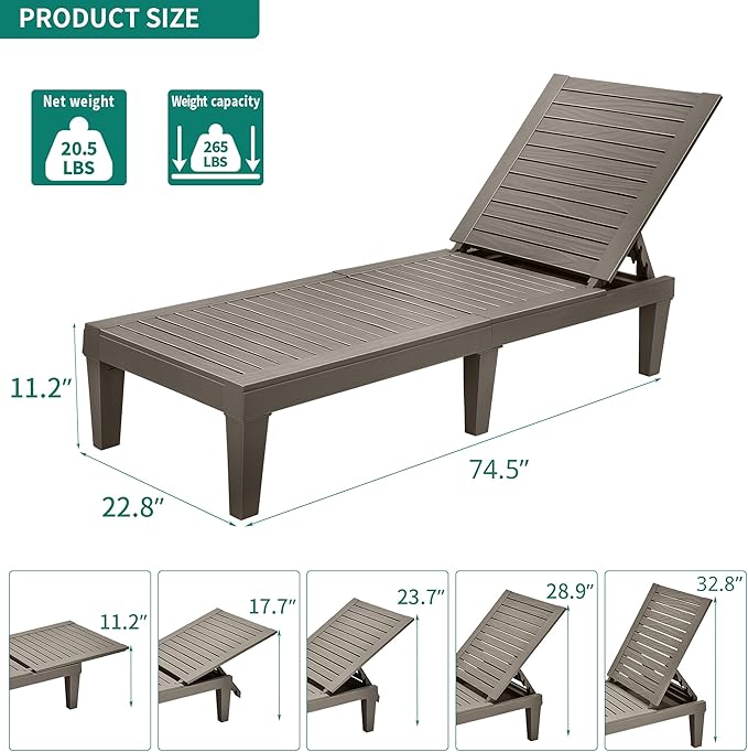 YITAHOME Chaise Outdoor Lounge Chairs with Adjustable Backrest, Multi-Functional Patio Loungers Easy Assembly & Lightweight, Waterproof Poolside Chaise Lounge with 265lbs Capacity, Set of 2, Taupe