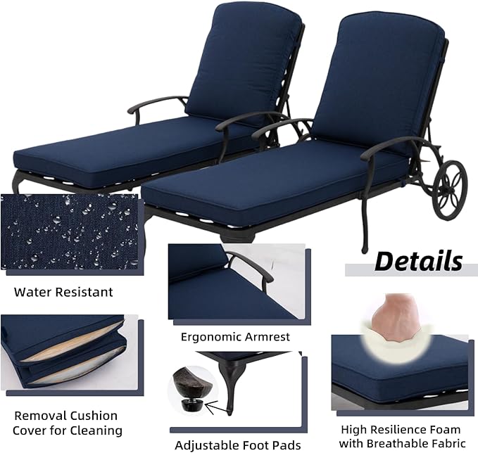 Chaise Lounge Outdoor Chair with Wheels, Adjustable Reclining Rust-Resistant Aluminum Cast Poolside Chaise Lounge Furniture Set of 2, Waterproof Denim Blue Cushion