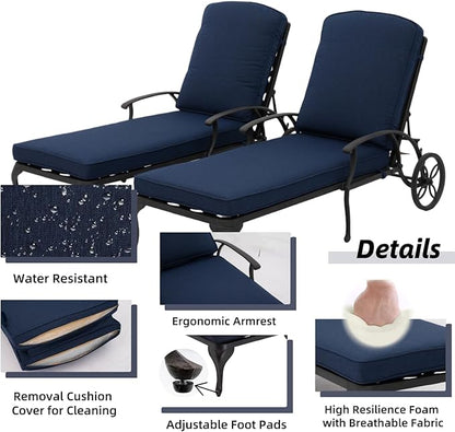 Chaise Lounge Outdoor Chair with Wheels, Adjustable Reclining Rust-Resistant Aluminum Cast Poolside Chaise Lounge Furniture Set of 2, Waterproof Denim Blue Cushion
