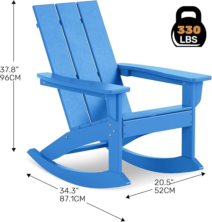 Costaelm Outdoor Adirondack Chair, All Weather Resistant Lawn Chairs Balcony Chair and Fire Pit Chairs, Patio Chair Outdoor Porch Rocking Chair High Back HDPE Poly Lumber, Pacific Blue
