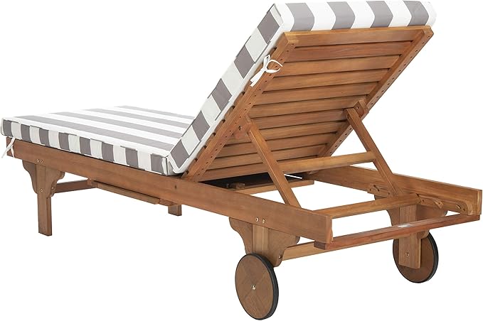 SAFAVIEH Outdoor Collection Newport Natural/ Grey & White Stripe Cushion Built-in Side Table Adjustable Chaise Lounge Chair