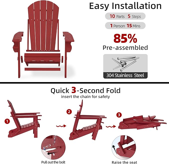 Folding Adirondack Chairs Set of 2, HDPE Fire Pit Chairs Weather Resistant - Photo 7