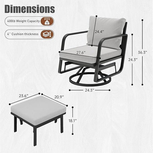 Patio Glider Swivel Rocker Sets: 4Pieces Aluminum Alloy Ensemble with 360° Swivel Rocking Glider Chairs, Rust-Resistant Frame Gray Cushions -Perfect for Decoration (2 Glider Chairs& 2Ottomans)