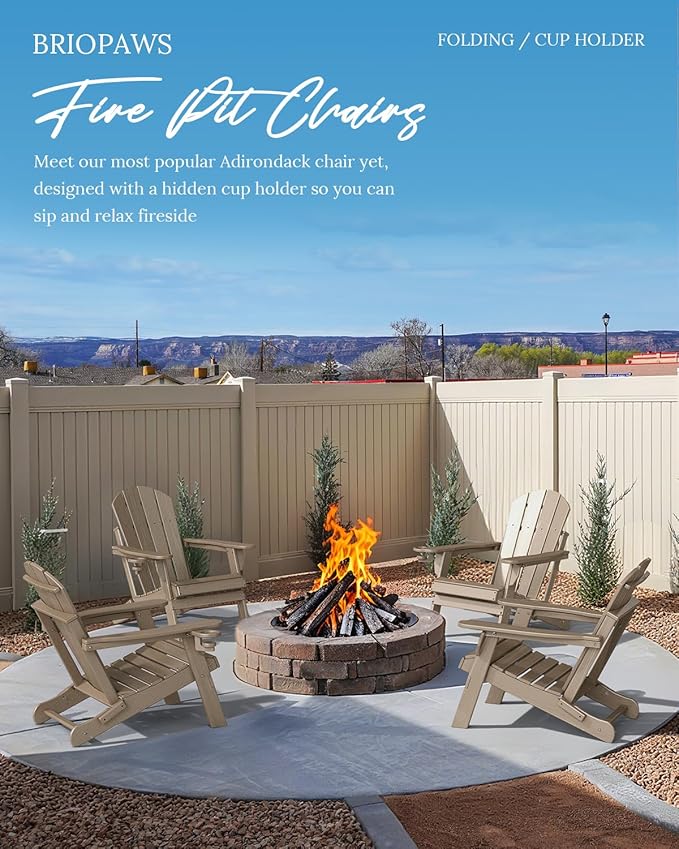 BRIOPAWS Folding-Adirondack-Chairs Set of 4 | HDPE | Wood Grain | Fire Pit Chair | Cup Holder | Weather Resistance | for Outdoor Backyard Deck Patio