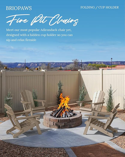 BRIOPAWS Folding-Adirondack-Chairs Set of 4 | HDPE | Wood Grain | Fire Pit Chair | Cup Holder | Weather Resistance | for Outdoor Backyard Deck Patio