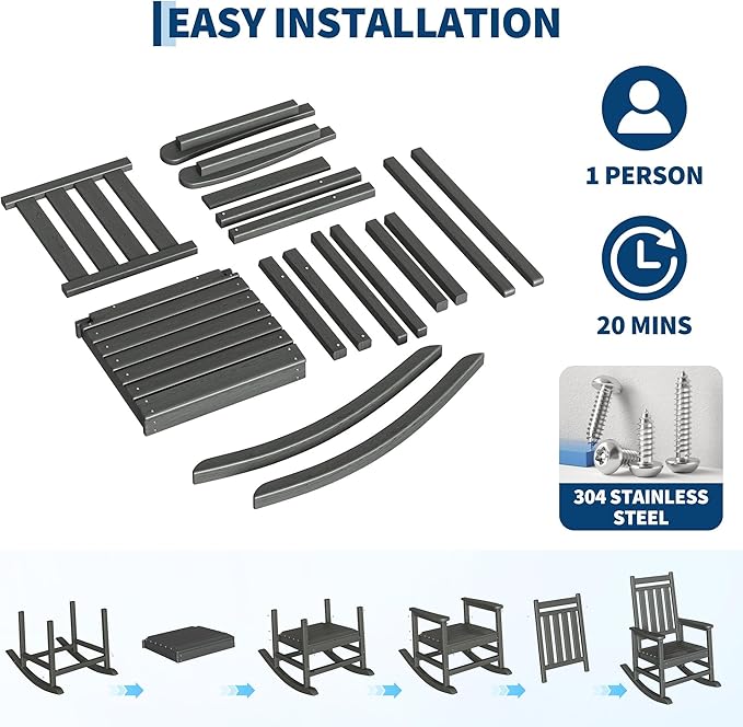 HDPE Outdoor Rocking Chair, All Weather Adirondack Rocker for Adults, High Back Porch Chair for Patio, Garden & Fire Pit, Heavy Duty Plastic Lawn Furniture, Gray