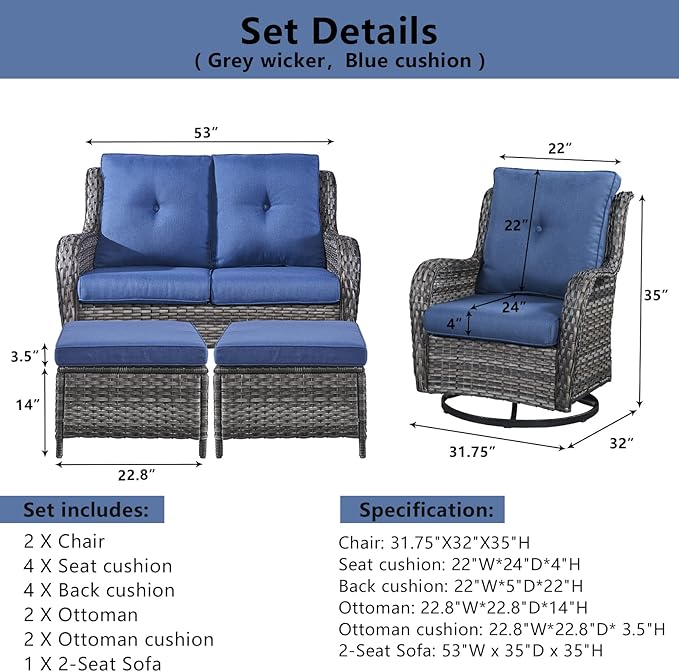 Belord 5 Piece Wicker Patio Furniture Set, Outdoor Swivel Rocker Chairs Set of 2 with Ottomans and Loveseat - Photo 8