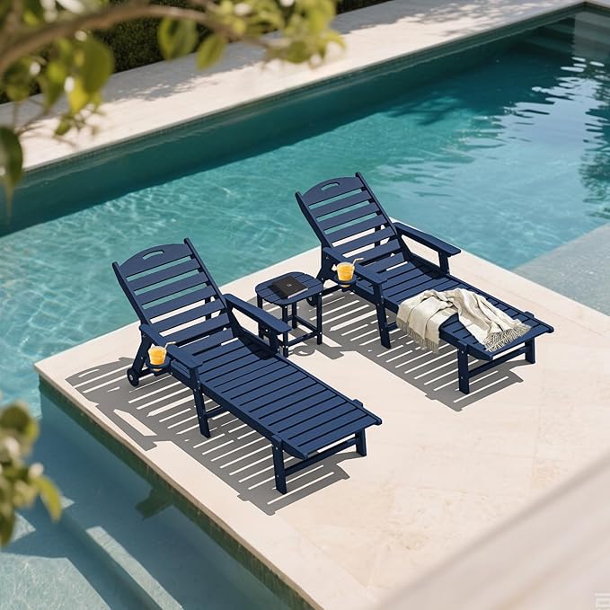 Plawdlik Oversized Patio Chaise Lounge Set of 2, 5 Positions Adjustable HDPE Outdoor Lounge Chair with Rolling Wheels & Cup Holder,All-Weather for Poolside, Beach, Garden - Navy Blue