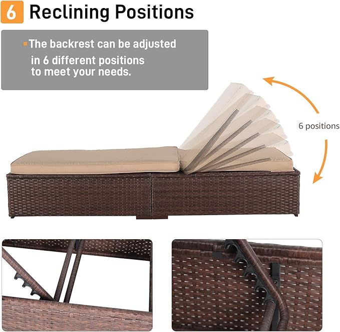 Patiorama Outdoor Patio Chaise Lounge Chair, Elegant Reclining Adjustable Pool Rattan Chaise Lounge Chair with Cushion, Brown PE Wicker, Steel Frame, Beige, Set of 4