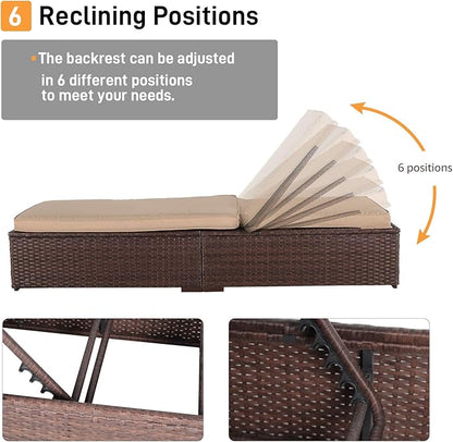 Patiorama Outdoor Patio Chaise Lounge Chair, Elegant Reclining Adjustable Pool Rattan Chaise Lounge Chair with Cushion, Brown PE Wicker, Steel Frame, Beige, Set of 4