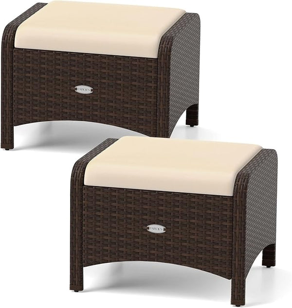 Tangkula 2 Pieces Outdoor Patio PE Wicker Ottomans with Removable Cushions, Outdoor Furniture for Additional Seating - Photo 1