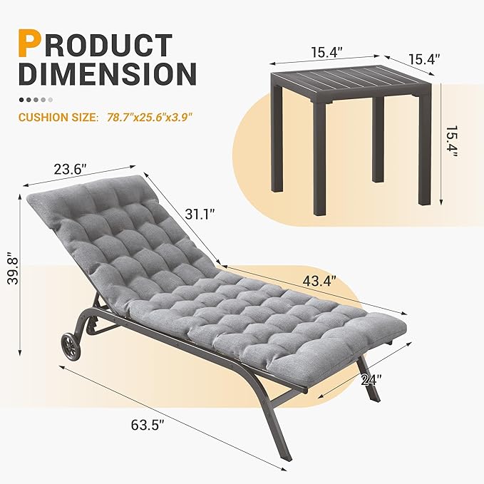 UDPATIO Aluminum Patio Lounge Chairs Set of 2 for Outside with Coffee Table Poolside Chaise Chair with Cushion for Sunbathing 5 Adjustable Position Backrest Outdoor Lounger with Wheels