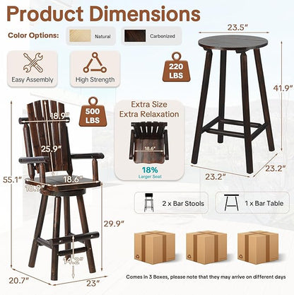 HOMEDIARY 3 Piece Outdoor Bar Set, Solid Wood Patio High Top Table and 2 Swivel Bar Height Adirondack Chairs with High Back & Footrest, Tall Patio Bistro Furniture for Deck Pub Garden, Carbonized