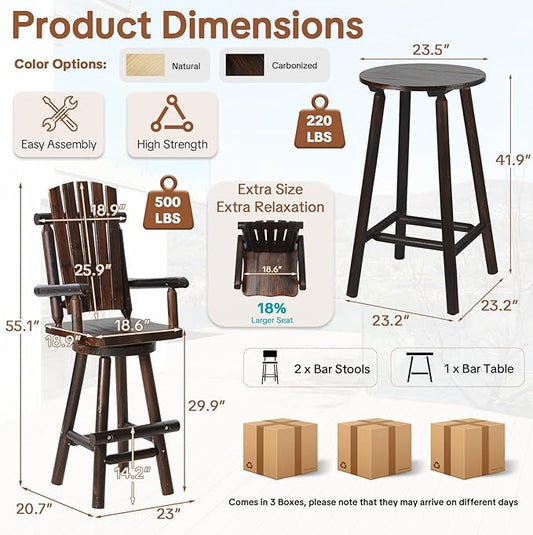 HOMEDIARY 3 Piece Outdoor Bar Set, Solid Wood Patio High Top Table and 2 Swivel Bar Height Adirondack Chairs with High Back & Footrest, Tall Patio Bistro Furniture for Deck Pub Garden, Carbonized