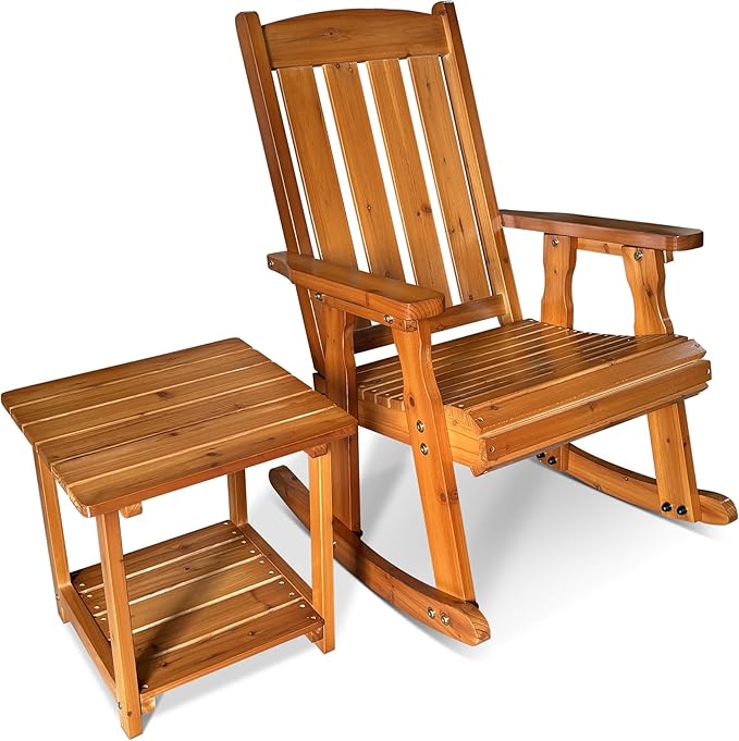 Fortune Candy Wooden Patio Rocking Chair with Comfortable Backrest Inclination, High Backrest and Deep Contoured Seat, Solid Fir Wood, Heavy Duty 600 LBS (Natural, 2 Pieces)