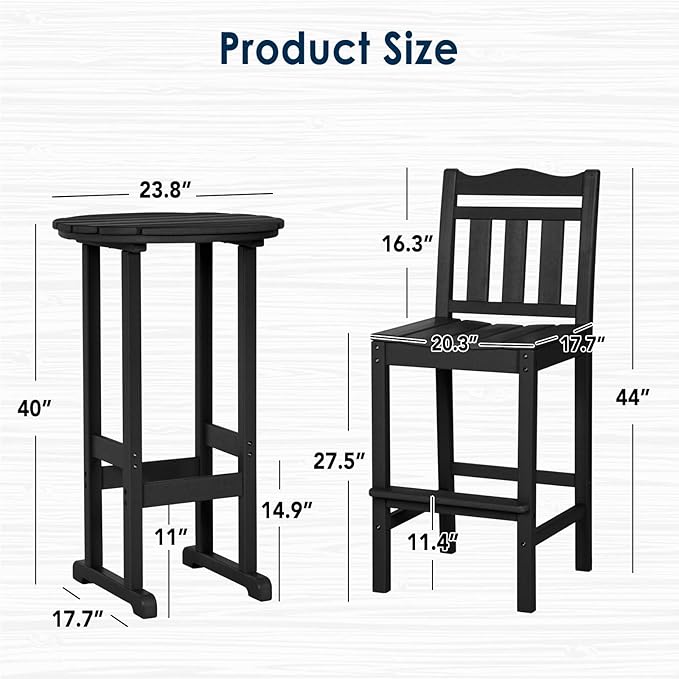 nalone Outdoor Bar Chairs and Table Set, HDPE Balcony Adirondack Chairs and Tables 3 Pieces Set - Photo 3