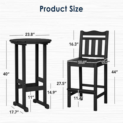 nalone Outdoor Bar Chairs and Table Set, HDPE Balcony Adirondack Chairs and Tables 3 Pieces Set, Outdoor Bar Stools for Garden, Yard, Backyard (Black, Bar Chairs with Table)