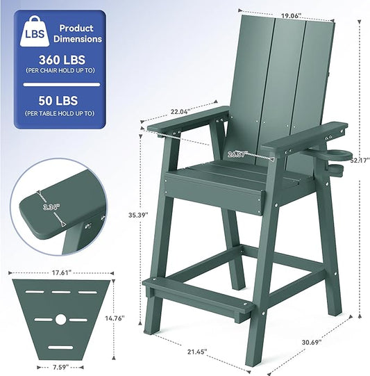 FOOWIN Tall Adirondack Chairs Set of 2,HDPE Adirondack Bar Stools with Connecting Tray & Cup Holders,Weather Resistant Balcony Chair for Outdoor Deck Lawn Pool Backyard Green