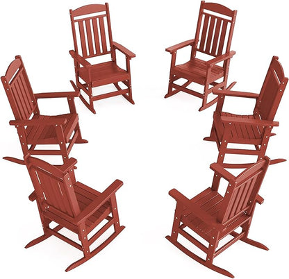 Outdoor Rocking Chairs Set of 6, Oversized High Back Patio Rocking Chairs, All Weather Porch Rocking Chairs for Outside. Red