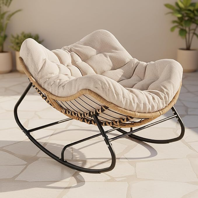 Oversized Papasan Rocking Chair Outdoor, Comfy Patio Papasan Egg Rocker with Thick Cushion for 450 lbs - Photo 1