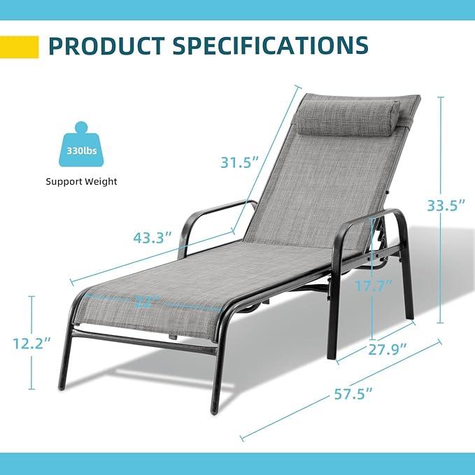 EROMMY Patio Chaise Lounge Chair, Set of 2 Outdoor Lounge Chairs with Adjustable Backrest - Photo 2