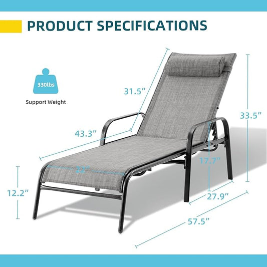 EROMMY Patio Chaise Lounge Chair, Set of 2 Outdoor Lounge Chairs with Adjustable Backrest, All-Weather Waterproof Upgraded Pool Lounge Chairs for Beach Yard Poolside