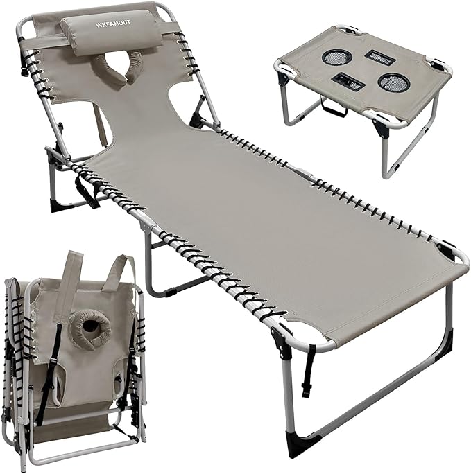 Backpack Sun Tanning Chair with Face Hole & Beach Table, 5-Position Adjustable Folding Lounge Chair Outdoor for Lawn Patio Garden
